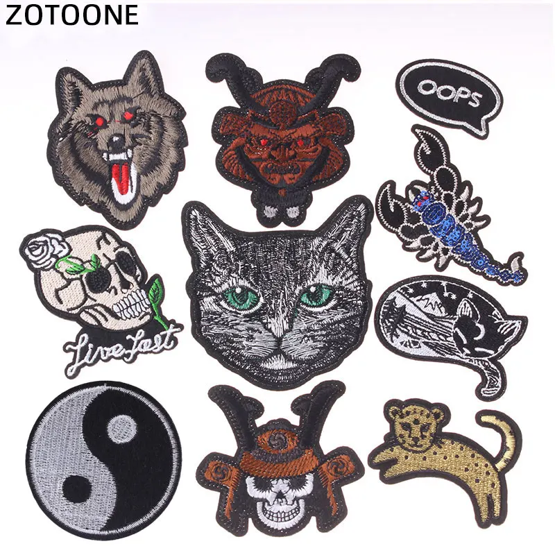 

ZOTOONE Animal Skull Punk Patch Rock Iron on Embroidered Band Patches for Clothes Stickers Cool Cat Wolf Patch Hippie Badges E