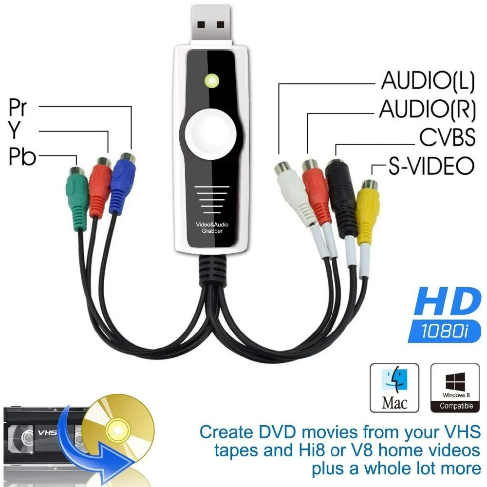 Высокое разрешение/Ypbpr(576i 480p) VHS и видеокамера USB видеозахват для Mac OSX Windows