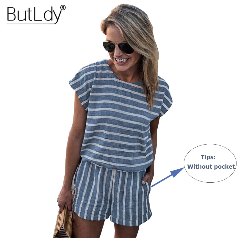 Striped Loose Playsuits Bodysuit Rompers Women Summer 2019 Casual Beach Jumpsuit Shorts Short Sleeve Elegant Overalls For Women