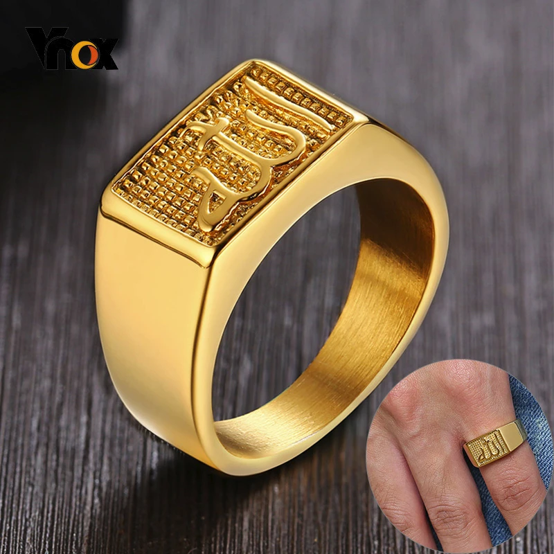 

Vnox Allah Square Top Ring for Men Gold Tone Stainless Steel Signet Rings Stylish Casual Letter Stamp Anel
