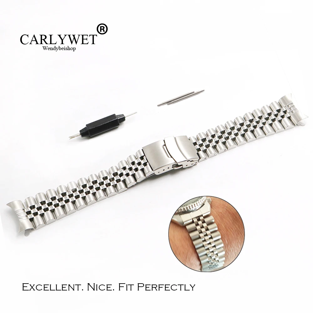 

22mm Hollow Curved End Solid Screw Links Stainless Steel Silver Watch Band Strap Old Style Jubilee Bracelet Double Push Clasp
