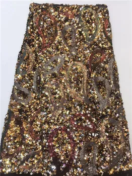 

2018 High Quality African Lace Fabric Gold French Net Embroidery Sequins Tulle 3d Lace Fabric For Nigerian party Dress Z6