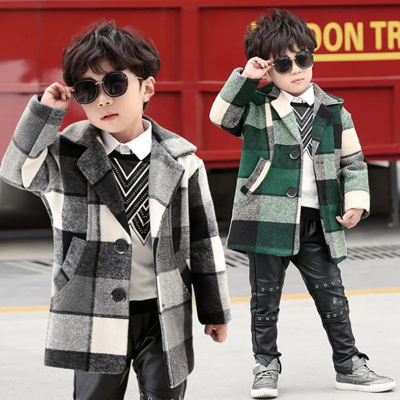 

DFXD England Style Autumn Winter Teen Boys Long Genometric Single-breasted Thick Wool Coat Plus Velvet Outwear 3-14Years