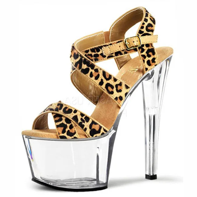 Leopard print material sexy high-heeled sandals and 17-18 cm high heels, pole show using dance shoes