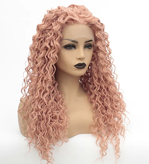 Rose Gold Lace Front Wig Synthetic Heat Resistent Middle Parting Loose Curl Wigs for Women Light Beige Brown Lace-12