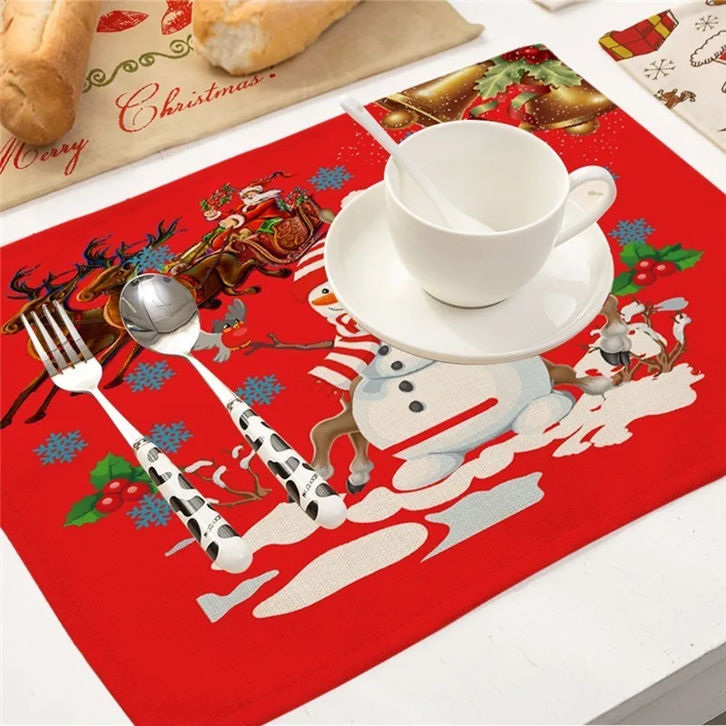 40x32cm Christmas Tree Snowman Printed Placemats Dining Tables Cotton Linen Cloth Coffee Tea Cup Pad Kitchen Placemat for Table