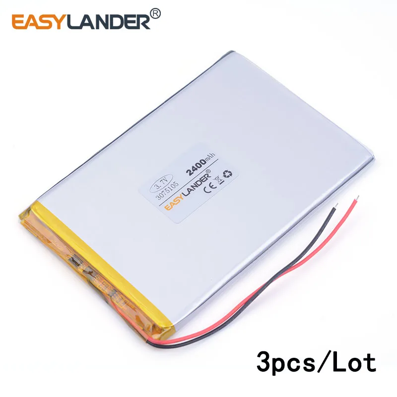 3pcs /Lot 3075105 2400 mah lithium Li ion polymer rechargeable battery