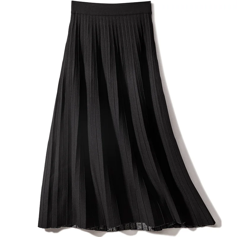 

2019 High Waist Women Knitting A-Line Long Skirt Black Stretch Vintage Women Winter Skirt Faldas Jupe Femme Saia