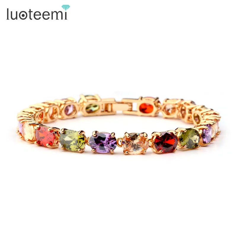 

LUOTEEMI High Quality Youth Venus-Colorful Oval Shape AAA Cubic Zirconia Charm Bangle Bracelet for Women Wedding Party Jewelry