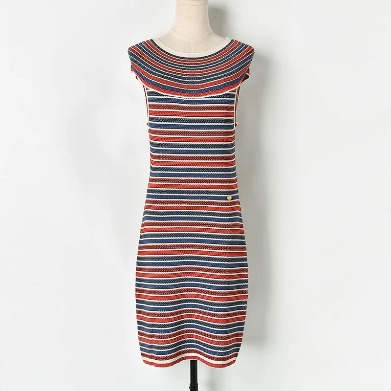 

2019 Runway Designer Summer Striped Dress Women Elegant Knitted Sheath Sleeveless Lady Dresses High Street Vestidos Mujer Robe