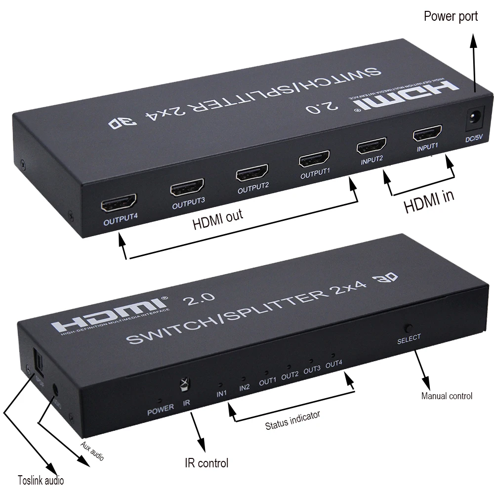 HDMI 2 0 2X4 сплиттер с Spdif/rca стерео аудио 3 5 мм в 4 4kX2K IR дистанционный пульт и адаптером