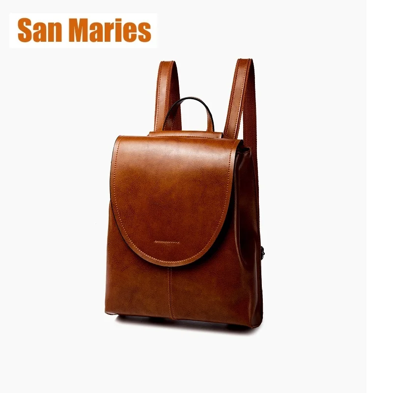 

San Maries Fashion Oil Wax Leather Backpack Women Bags Preppy Style Backpack Girls School Bags Zipper Kanken Leather Backpack