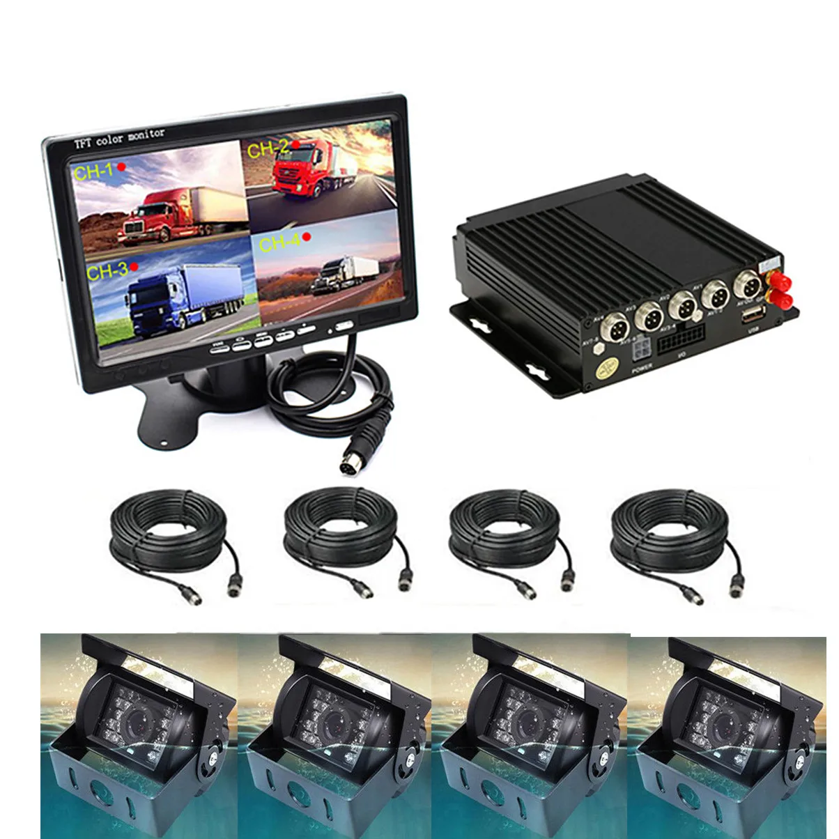 

720P 4CH H.264 Car Vehicle DVR AHD SD 4G Wireless GPS Realtime Video Recorder Box+7" HD 4Pcs CCD 720P Front Rear Side Camera