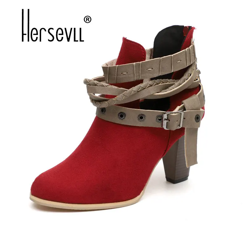 

Hersevll Women Ankle Boots Spring Autumn High Heels Shoes for Female Rivet Buckle Daily PU Leather boot
