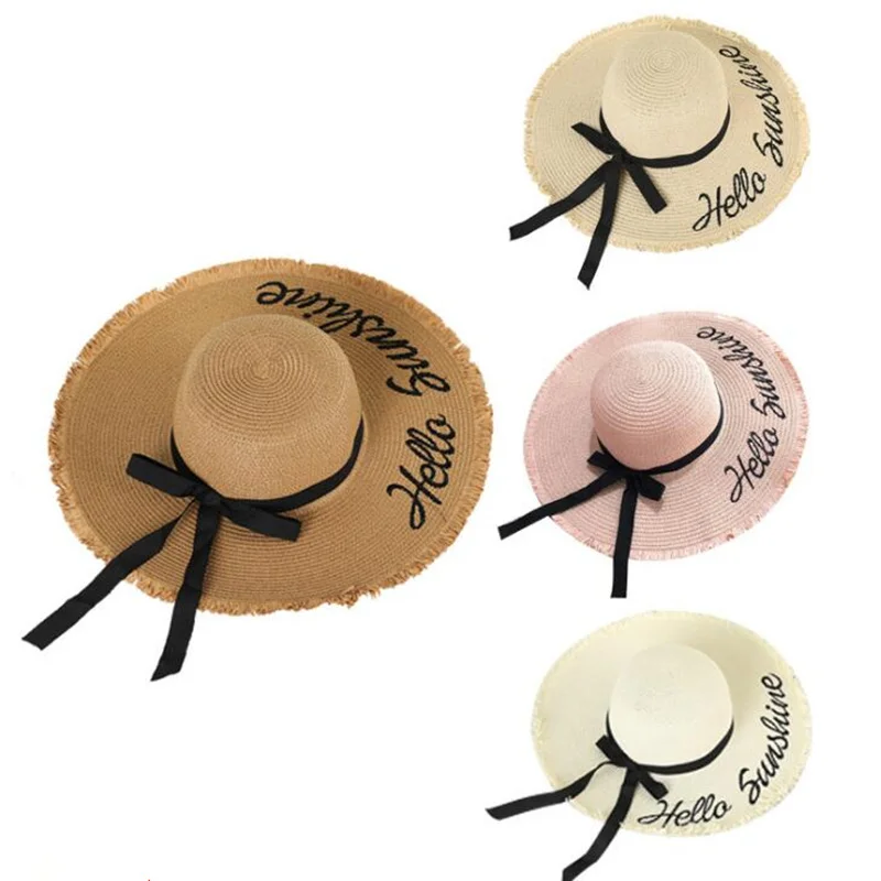 

New Handmade Weave letter Sun Hats For Women Bow Ribbon Large Brim Straw Hat Outdoor Beach hat Summer Caps Chapeu Feminino