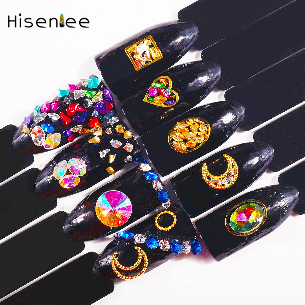 Hisenlee, 1 коробка, стразы для дизайна ногтей, смешанные, 3D кристаллы, каситерит, камни, металлические заклепки, ногти, амулеты, DIY, комбинированные аксессуары