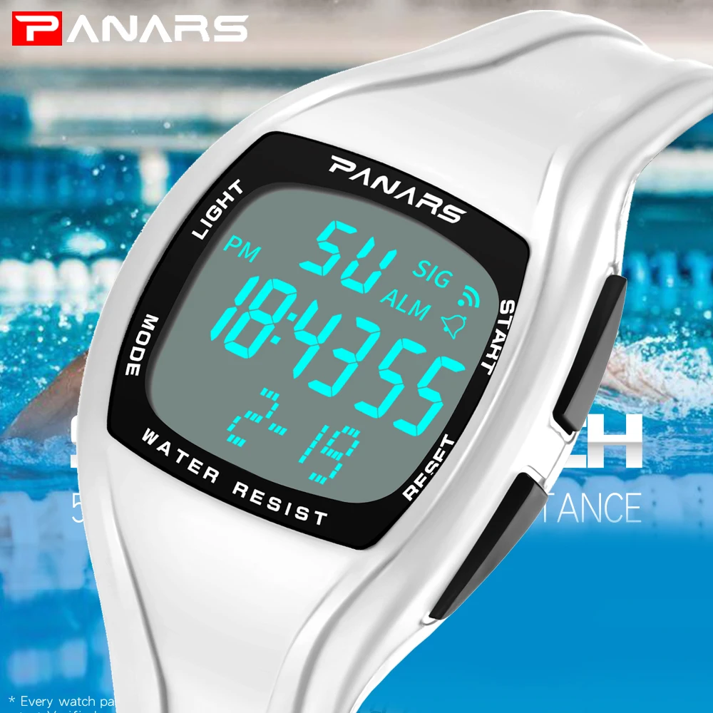 

PANARS Men Sports Watch Top Brand Luxury LED Digital Watches Mens White Wristwatches Relojes Deportivos Clocks Stop Watch