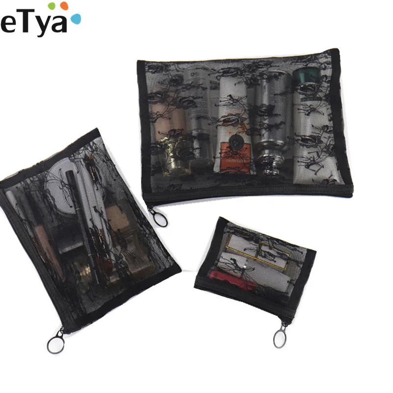

eTya Women Men Neceser Cosmetic Bag Transparent Travvel Fashion Small Large Black Lace Toiletry Makeup Organizer Bags Case Pouch