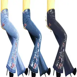 Женская мода хлопок средняя посадка брюки плюс размер цветок вышитые джинсовые широкие расклешенные брюки для женщин Праздник XS-4XL