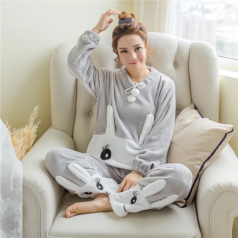 Женский пижамный комплект, одежда для сна Kawaii, Мультяшные животные, теплая Домашняя одежда, ночная рубашка для женщин,, осенне-зимняя пижама из двух частей - Цвет: Smile Rabbit Gray 11