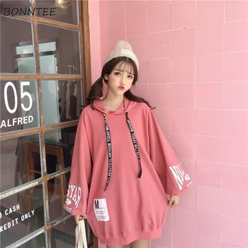

Hoodies Women Hooded Long Loose Solid Letter Print Puff Sleeve Womens Hoodie Harajuku Elegant Trendy All-match Korean Style Chic