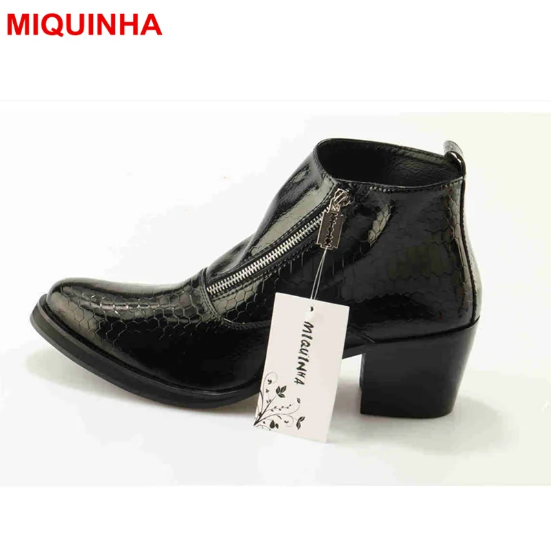

MIQUINHA Round Toe Leather Men Ankle Boots Zippered Shoes Short Booties Height Increasing European Style Star Shoes High Top