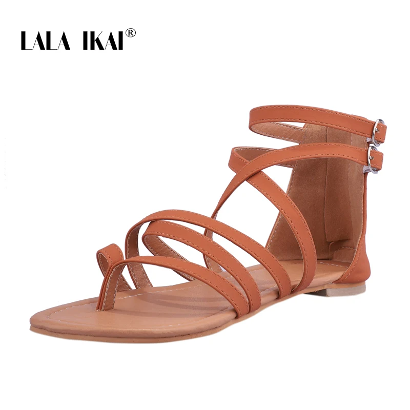 LALA IKAI/летние женские босоножки из искусственной кожи; обувь на плоской подошве с узким ремешком и пряжкой; женские сандалии-гладиаторы на плоской подошве; 014A3214-4