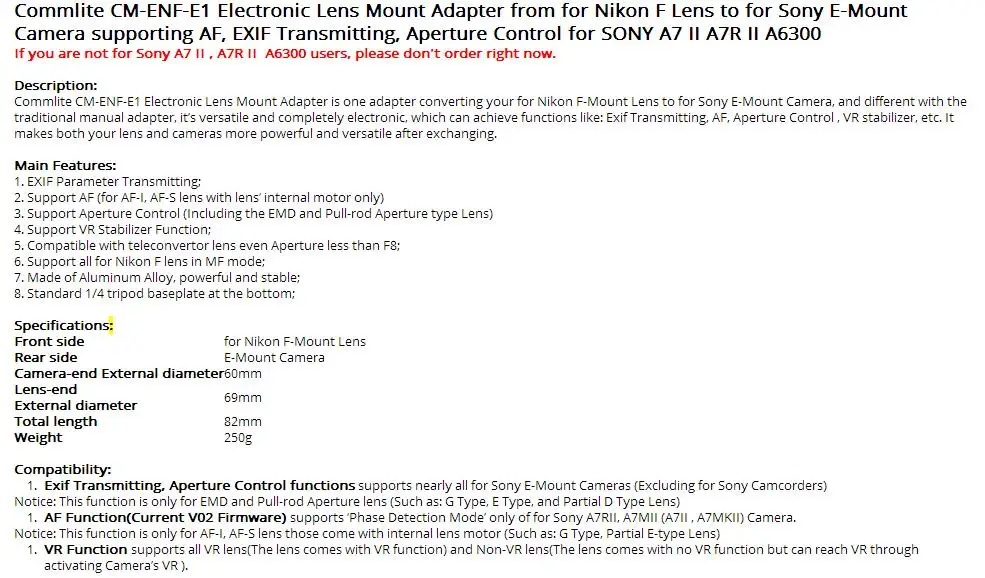 Commlite CM-ENF-E1 переходник-крепление для объективов с автофокусом для камеры Nikon F линзы sony E-Крепление камеры для sony A7 II A7R II a6300 A6000 A7S