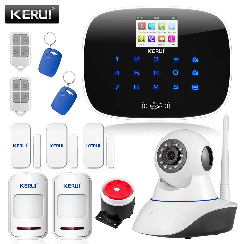 Wireless Wired G19 GSM SMS RFID Home House Burglar Alarm System Security Black+KERUI WIFI APP HD camera