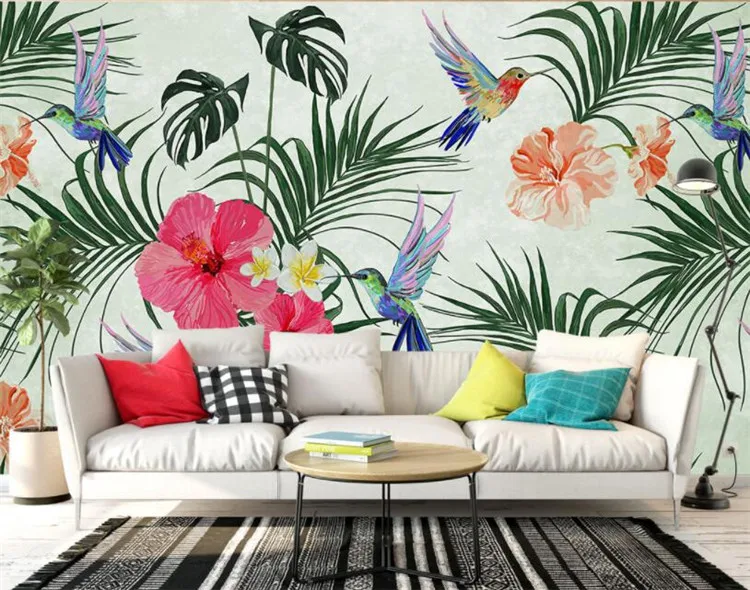 

Custom Photo Wallpapers Hand Painted Watercolor Tropical Leaves Birds TV Sofa Background wall sticker 3D wallpaper