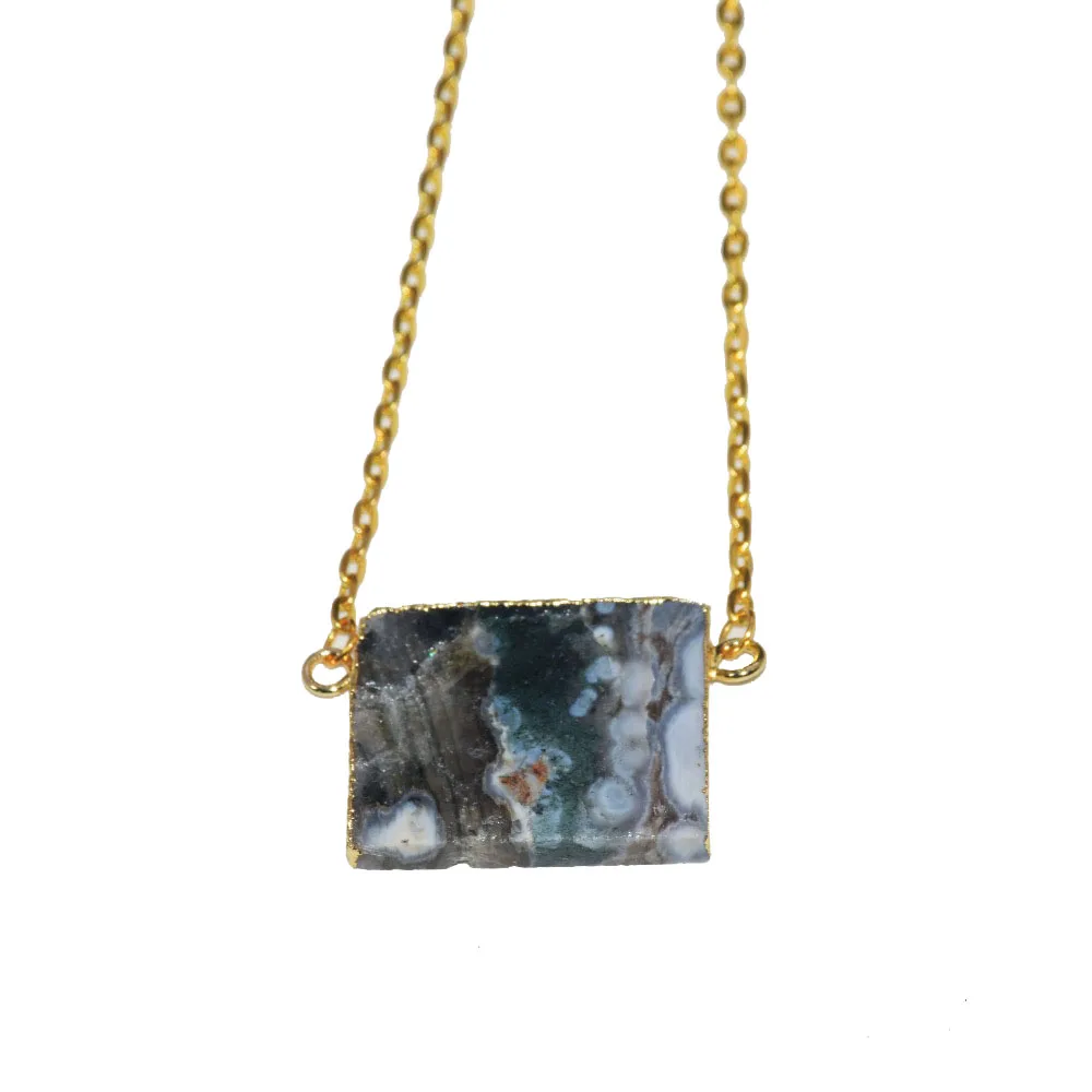 

2019 New Style Jewelry Big Natural Slice Sun Agates connector girl necklace gold bezel stone slab pendant chain necklace women