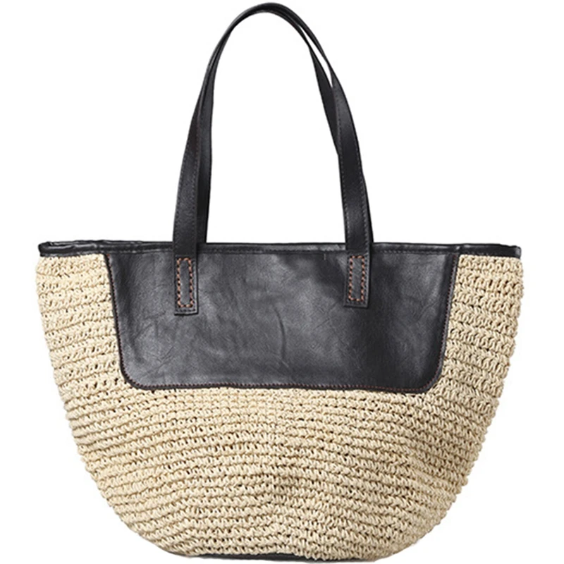 

Straw Tote Handbags For Women Beach Bags Woven Straw Purses Shoulder Bags For Girls Summer Outfits, Khaki And Black