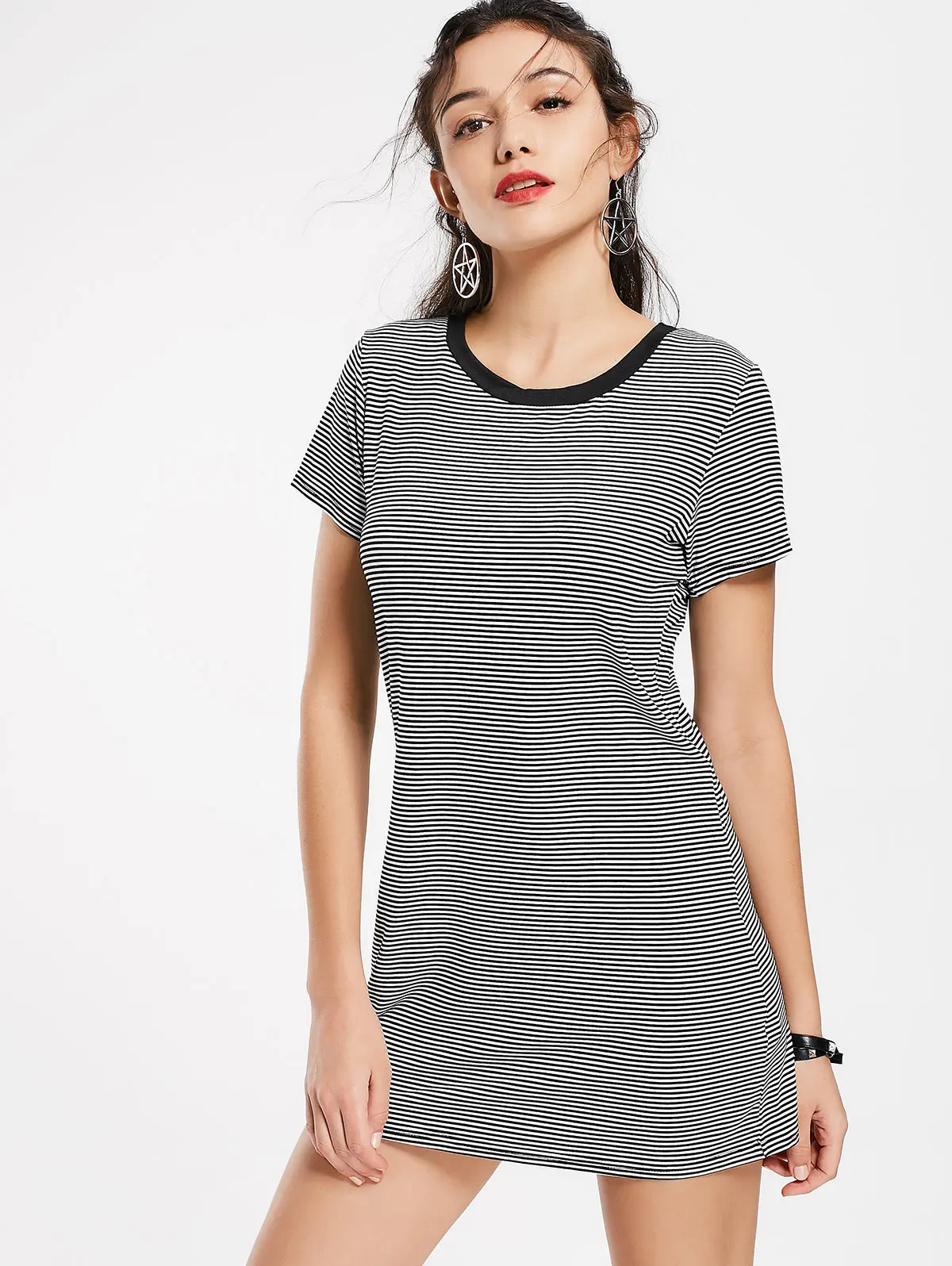 Kenancy Women Striped Casual Mini Dresses Summer Style Black White