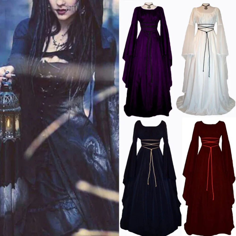 Kstare Womens Gothic Victorian Long Sleeve Medieval Dress Renaissance Costume Retro Gown Halloween Cosplay Costumes 