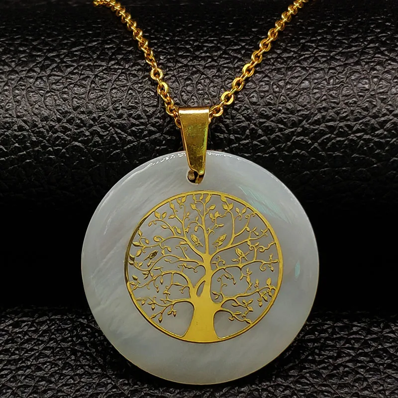 

2019 Fashion Shell Stainless Steel Statement Necklace for Women Gold Color Tree of Life Chain Necklace Jewelry gargantilla N1880