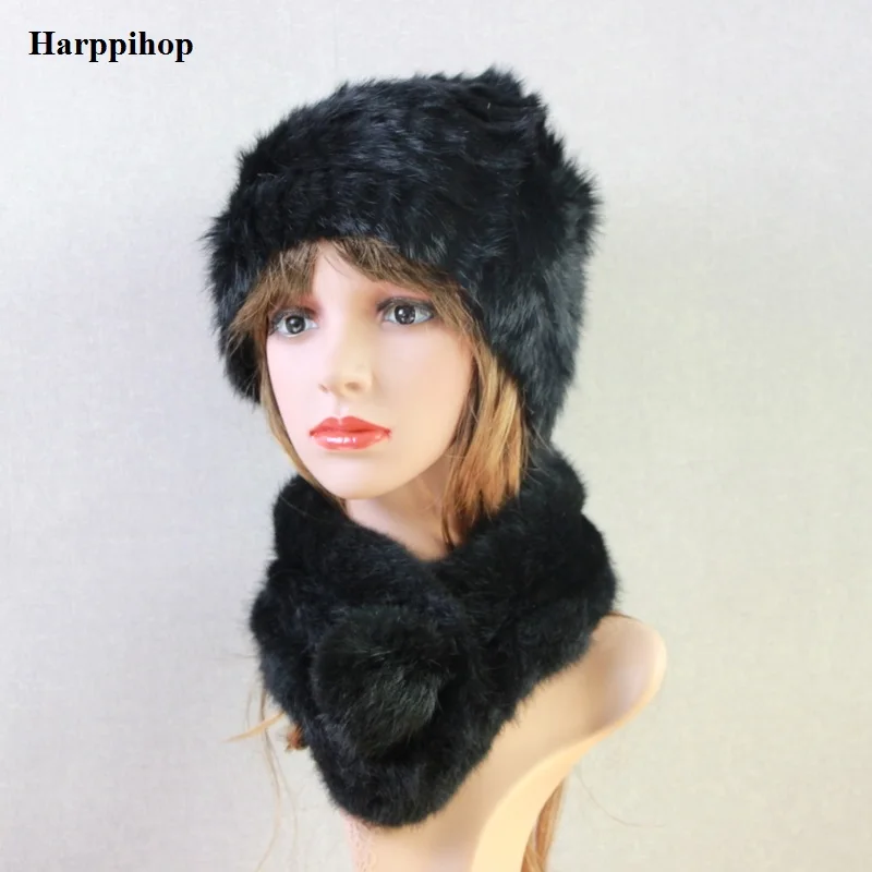 Harppihop женские шапки с натуральным кроличьим мехом наборы шарфов 2018 новый натуральный кроличий мех шапка шарф Набор натуральный мех шапка