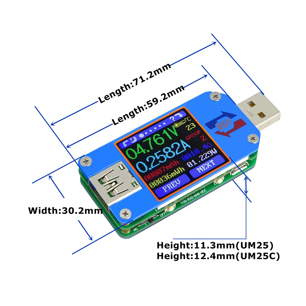 UM25C/UM25 Вольтметр Амперметр Измерение заряда батареи сопротивление кабеля USB 2,0 тип-c цветной ЖК-дисплей измеритель напряжения тока тестер