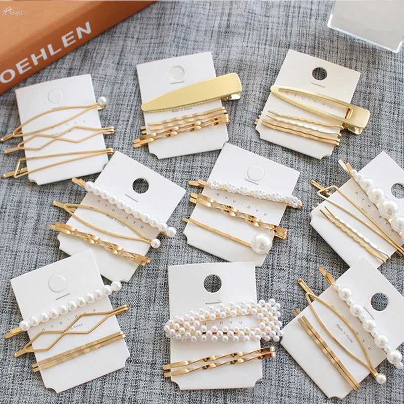 

New 1Set Women Girls Cute Pearl Alloy Geometric Gold Color Hair Clips Barrettes Lovely Hairpin Headband Fashion Hair Accessories
