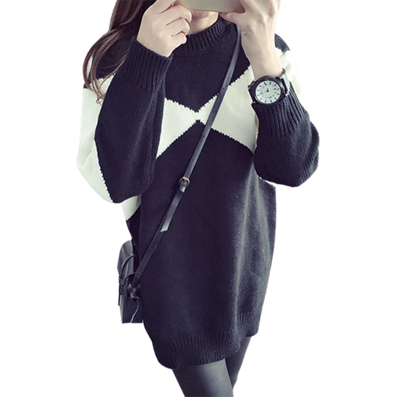 Women's Loose Pullover Female Long Round Neck Jumper Winter Stitching