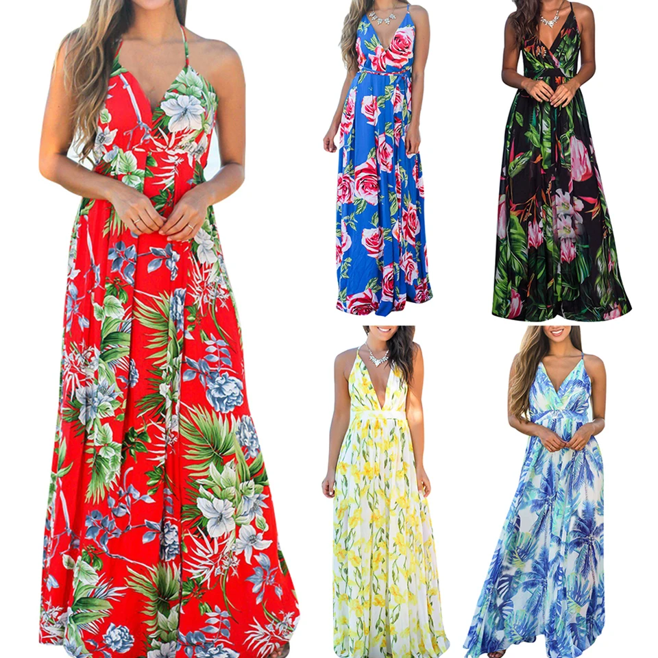 

Boho Maxi Dress Suspender Women With High Waist Sukienka Casual V Neck Dresses Open Back Kleid Fashion Beach Robe Femme Ete 2019