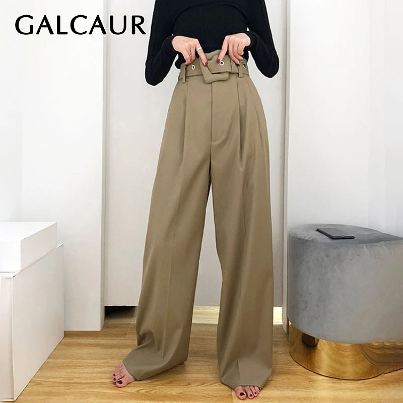 

GALCAUR Casual Solid Trousers For Women High Waist Sashes Loose Large Size Wide Leg Pants Female 2019 Fashion Summer New