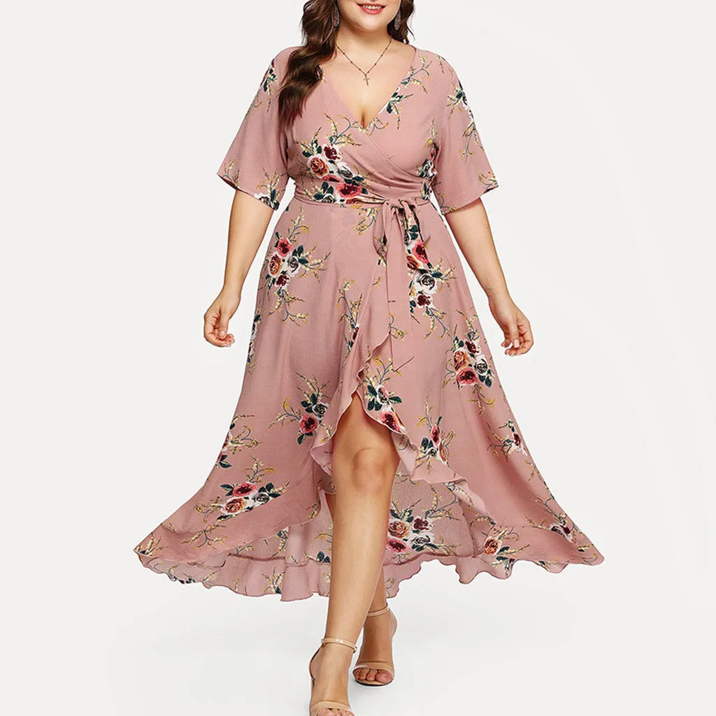 

Long Dress Plus Size Women Casual Short Sleeve V-Neck Boho Flower Bohemian Party Maxi Dress Bohemian Elegant Print Dress