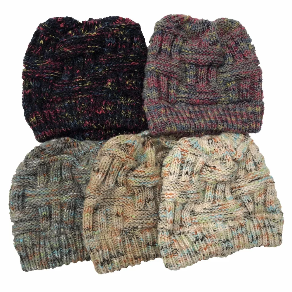 Fashion Ponytail Beanie Women Winter Hats Crochet Knitted Bamboo Ski Cap Skullies Beanies Warm Caps Female Stylish Hat Ladies