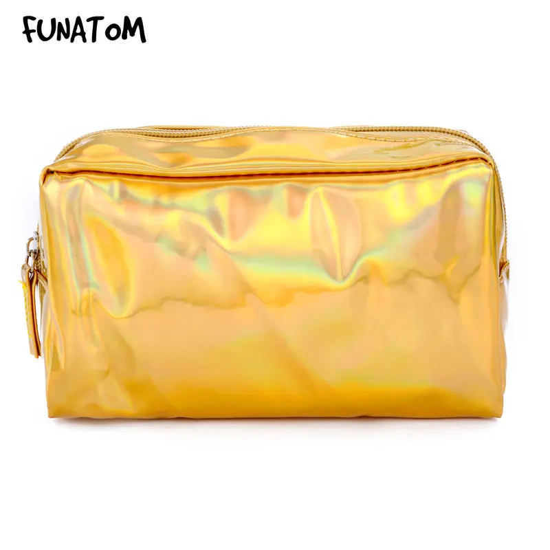 Holographic Laser Cosmetic Bag Fashion Holographic Pencil Case Cosmetic Makeup Pouch Laser Zipper Purse Bag Toiletry Cases - Color: Gold