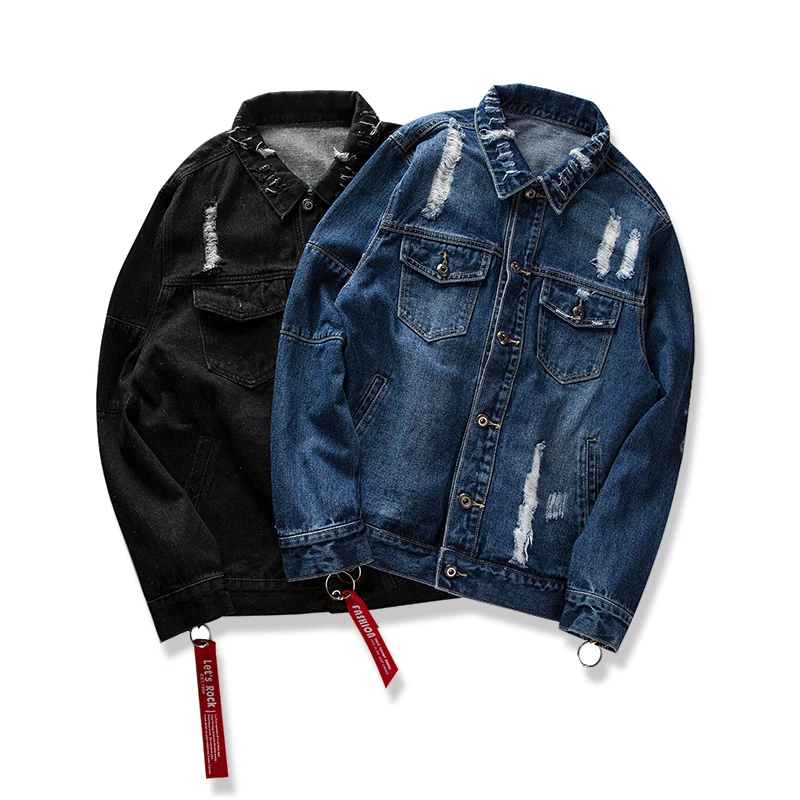 HZIJUE, негабаритная джинсовая куртка, Мужская винтажная Потертая джинсовая куртка на молнии с рукавом, мужские куртки в стиле хип-хоп, синий и черный цвета