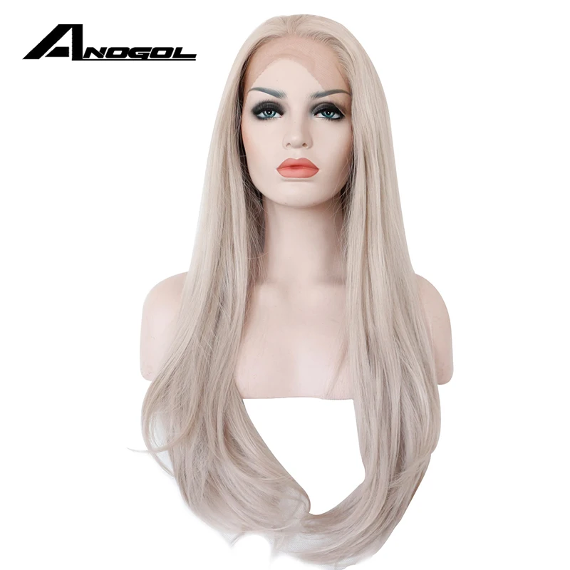 

Anogol High Temperature Fiber 360 Frontal U Part Wigs Ash Grey Long Natural Wave Synthetic Lace Front Wig For Women Brazilian