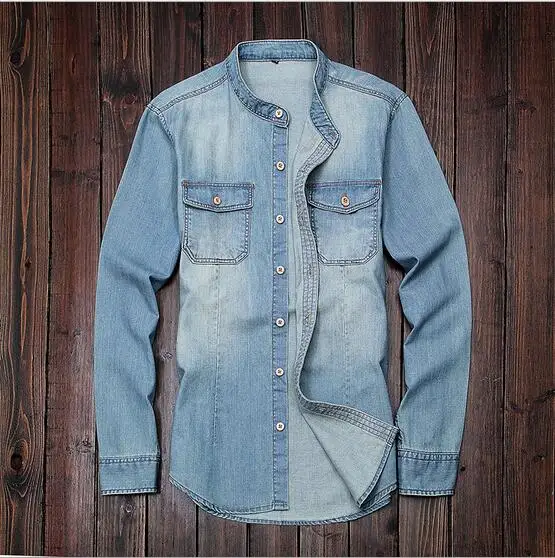 

New Brand Denim Jeans Shirts Men Body Pocket Casual Stand Collar Shirts Long Sleeves Men Shirts Hombre Camisa Masculina