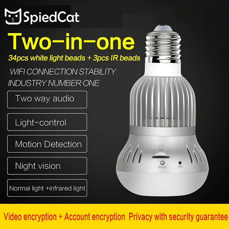 

360 Degree Panoramic WIFI Wireless FishEye Lens Lamp E27 Bulb 1080P HD 2MP IP Camera IR Night vision Home Security Smart Monitor