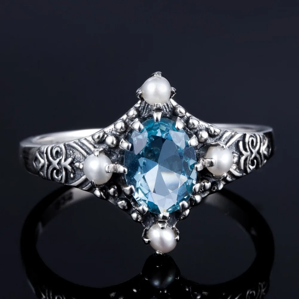 Szjinao Freshwater Pearl Ring Aquamarine Jewelry 925 Sterling Silver Rings for Women Vintage Wedding Decoration Wholesale