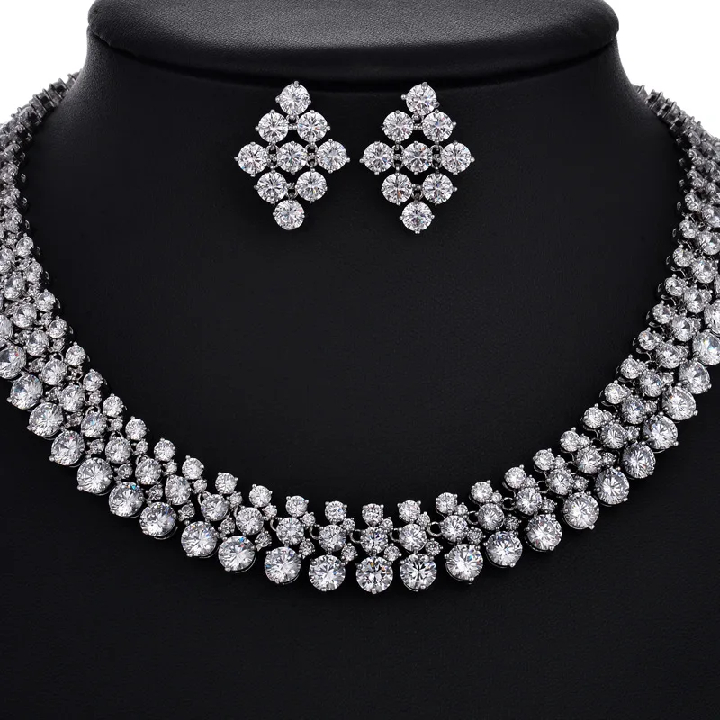 

High Quality Sparkling Micro Inlay Full Small CZ Stone Around In Round Cubic Zirconia Women Wedding Jewelry Sets For Brides 2018